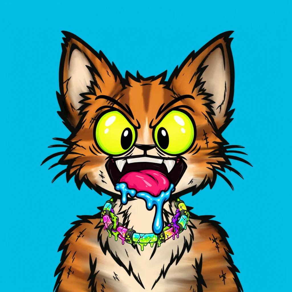 Orange cat with bright lime eyes and blue drip
