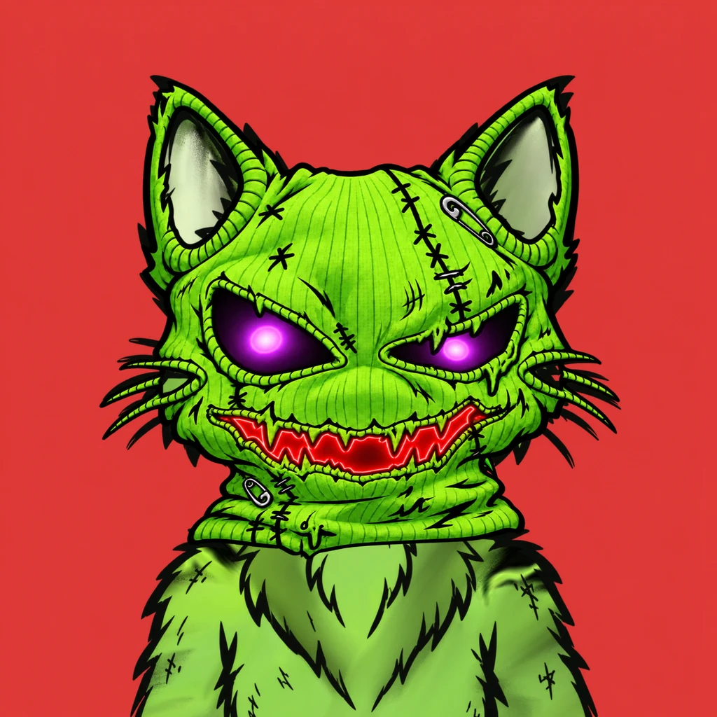Green stitched mutant cat with purple glowing eyes