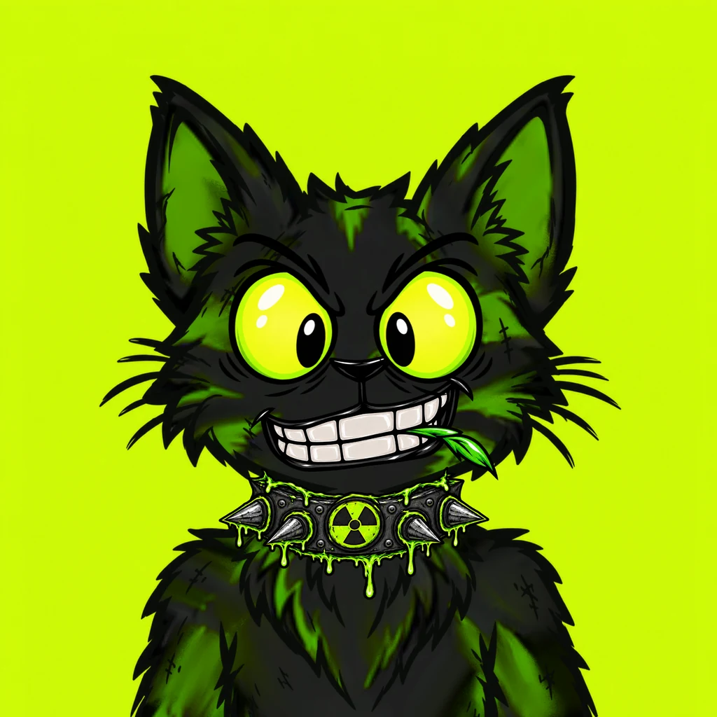 Black and lime cat with a toxic grin and spiked collar