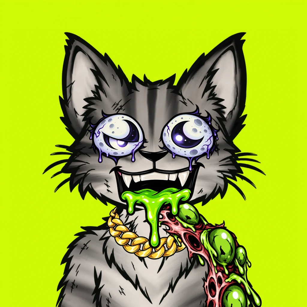 Gray cat with moonlike purple eyes and a mutated shoulder